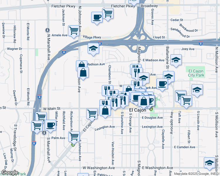 map of restaurants, bars, coffee shops, grocery stores, and more near 294 Chambers Street in El Cajon
