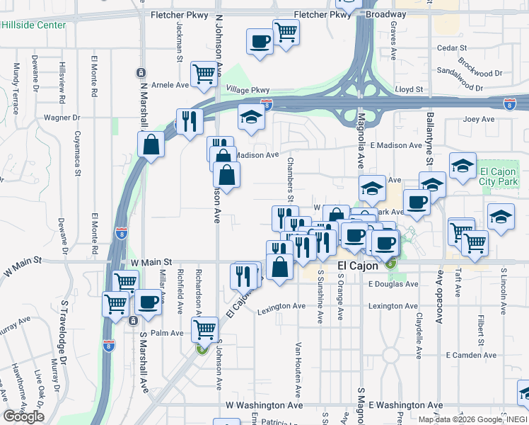 map of restaurants, bars, coffee shops, grocery stores, and more near 294 Chambers Street in El Cajon