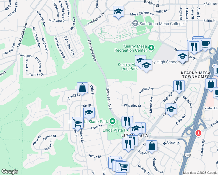 map of restaurants, bars, coffee shops, grocery stores, and more near 6911 Park Mesa Way in San Diego