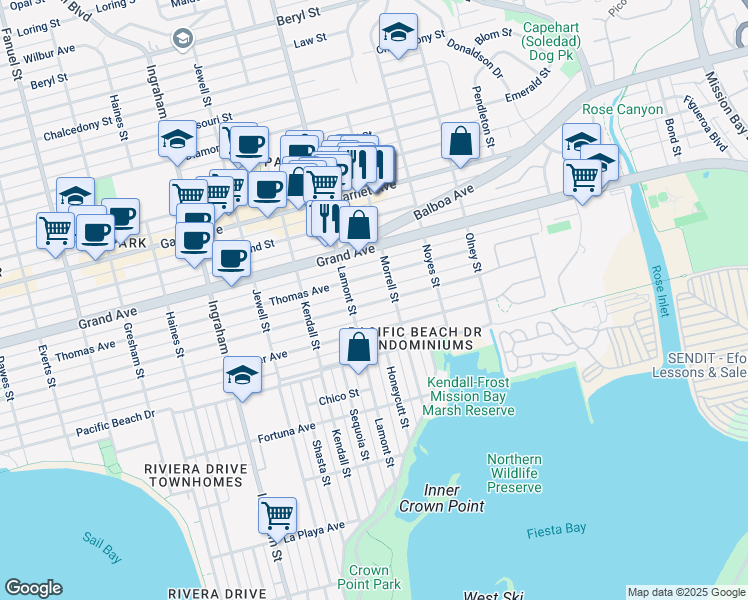 map of restaurants, bars, coffee shops, grocery stores, and more near 1972 Reed Avenue in San Diego