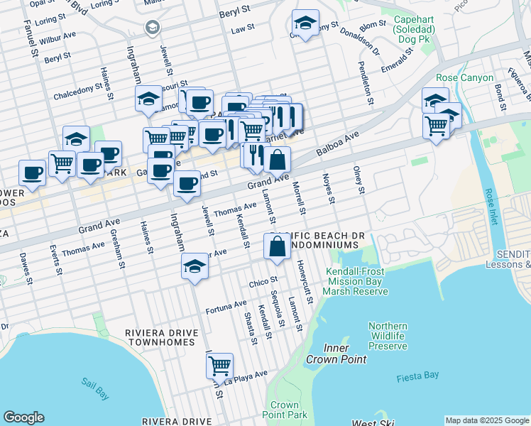 map of restaurants, bars, coffee shops, grocery stores, and more near 4257 Lamont Street in San Diego