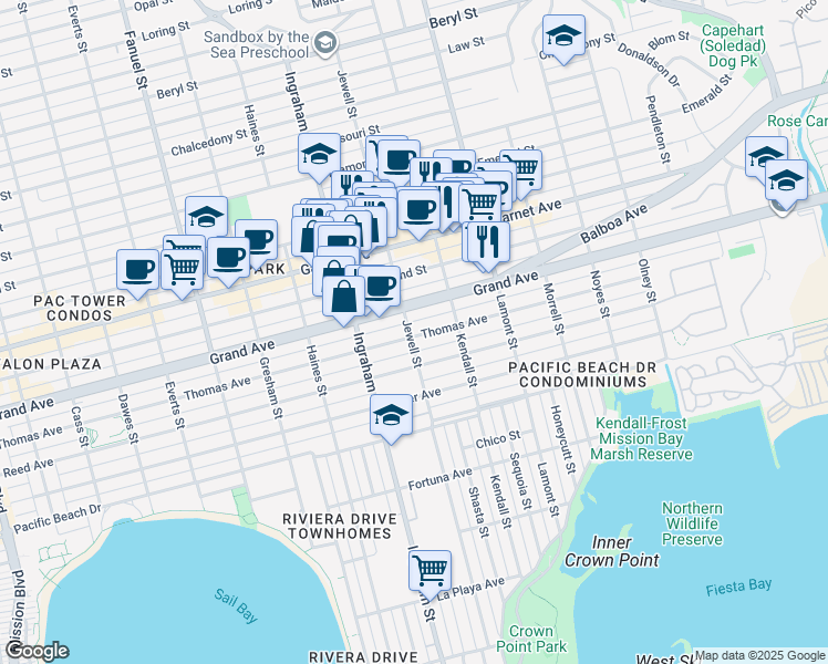 map of restaurants, bars, coffee shops, grocery stores, and more near 1668 Thomas Avenue in San Diego