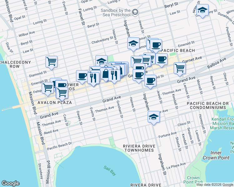 map of restaurants, bars, coffee shops, grocery stores, and more near 1364 Grand Avenue in San Diego