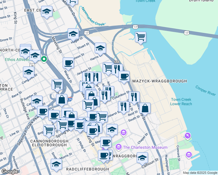 map of restaurants, bars, coffee shops, grocery stores, and more near 87 America Street in Charleston
