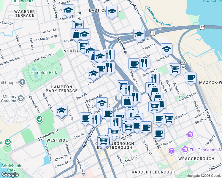 map of restaurants, bars, coffee shops, grocery stores, and more near 299 Coming Street in Charleston