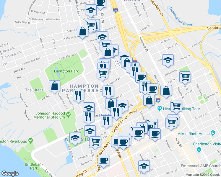 map of restaurants, bars, coffee shops, grocery stores, and more near 147 Congress Street in Charleston