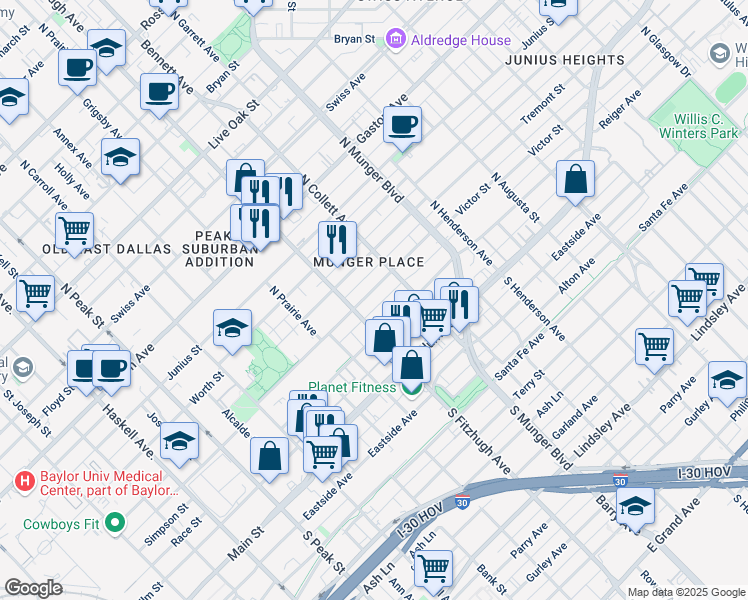 map of restaurants, bars, coffee shops, grocery stores, and more near 4920 Victor Street in Dallas