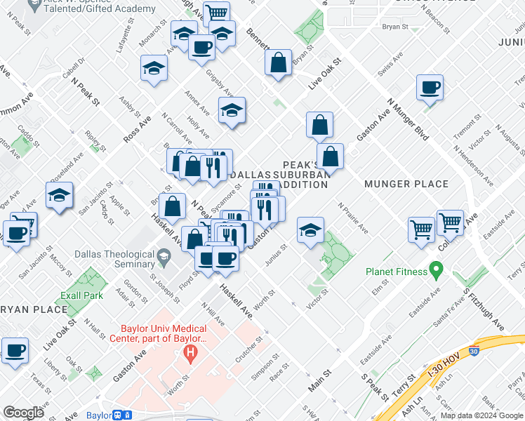 map of restaurants, bars, coffee shops, grocery stores, and more near 1000 North Carroll Avenue in Dallas