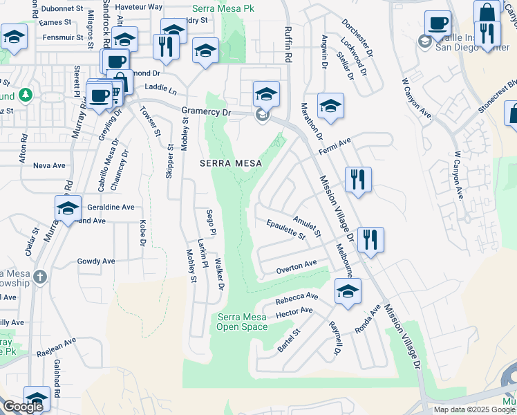 map of restaurants, bars, coffee shops, grocery stores, and more near 2975 Admiral Avenue in San Diego