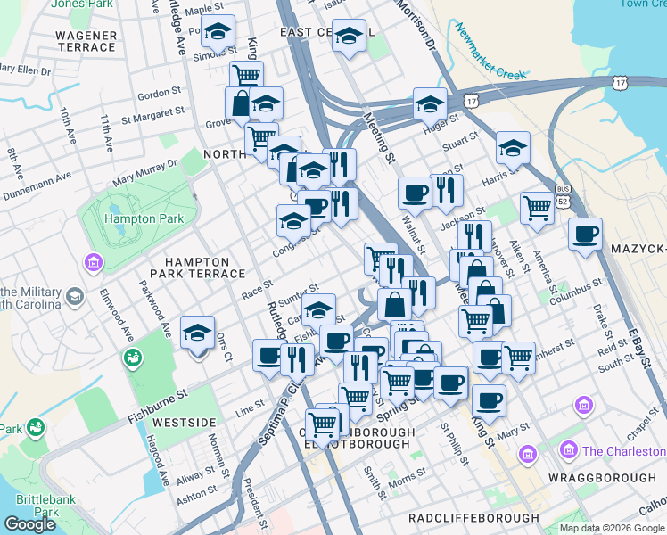 map of restaurants, bars, coffee shops, grocery stores, and more near 299 Coming Street in Charleston