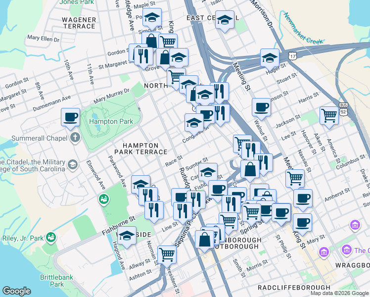 map of restaurants, bars, coffee shops, grocery stores, and more near 147 Congress Street in Charleston