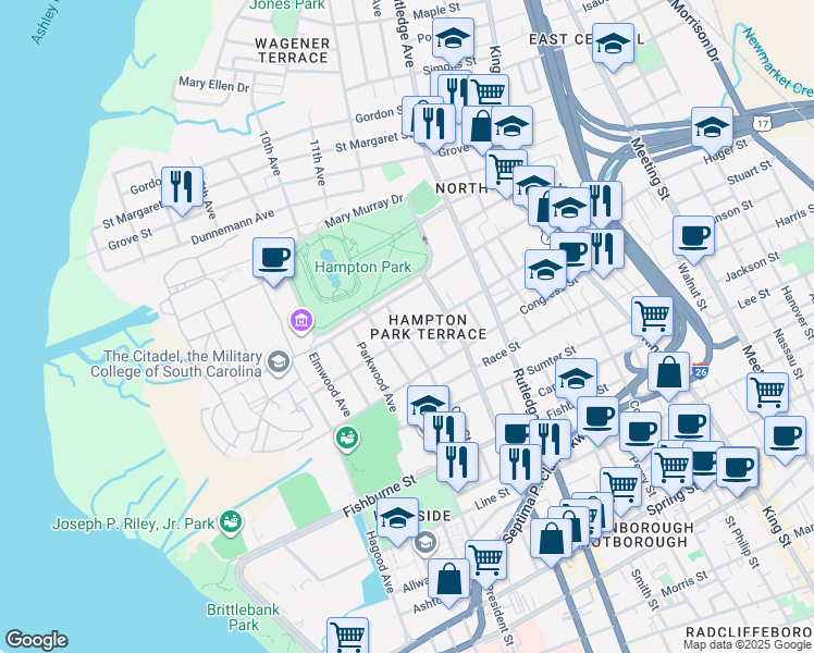 map of restaurants, bars, coffee shops, grocery stores, and more near 478 Huger Street in Charleston