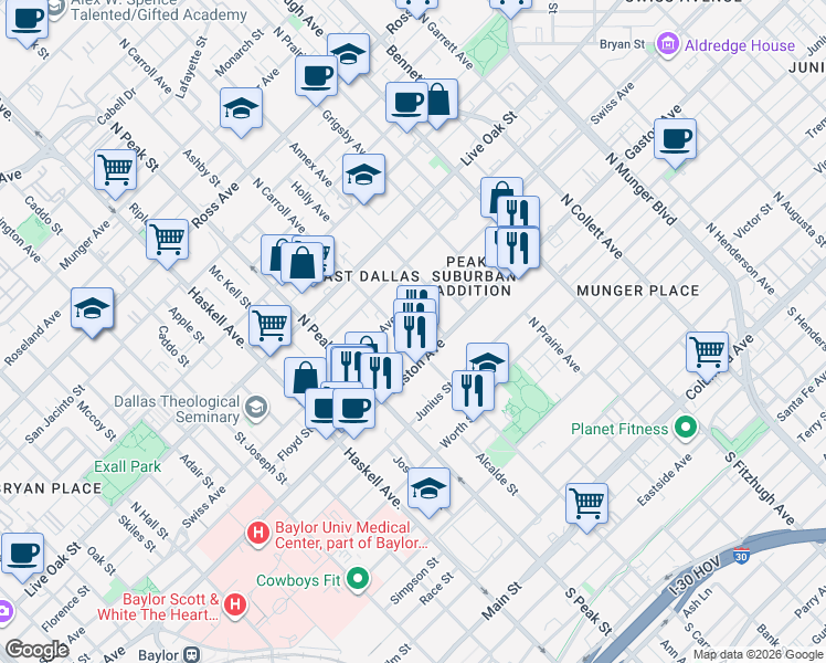 map of restaurants, bars, coffee shops, grocery stores, and more near 1000 North Carroll Avenue in Dallas