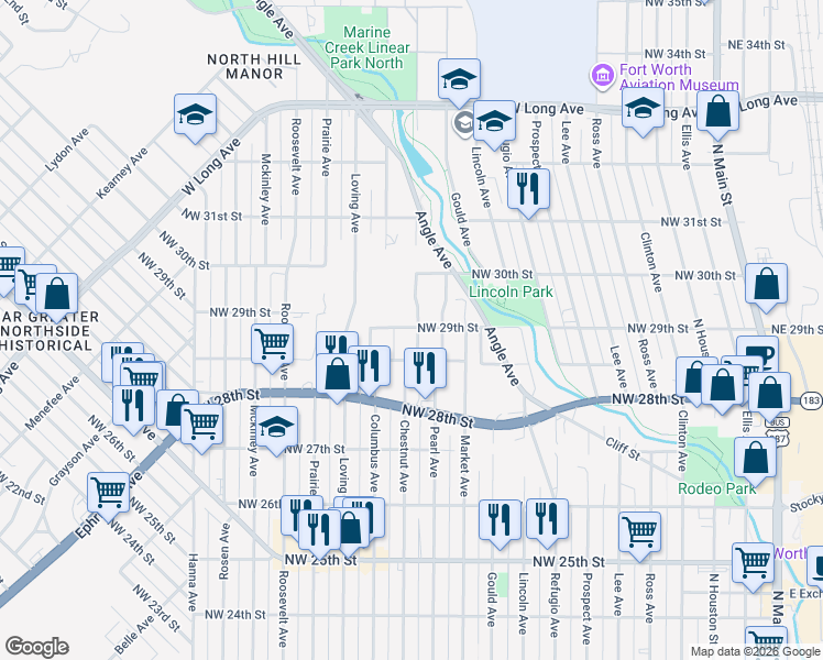 map of restaurants, bars, coffee shops, grocery stores, and more near 2913 Chestnut Ave in Fort Worth