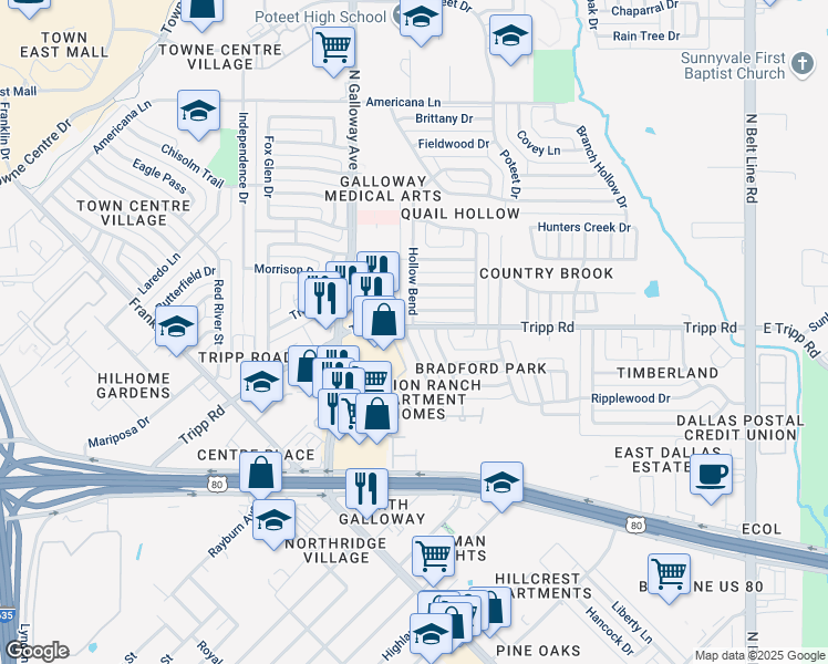 map of restaurants, bars, coffee shops, grocery stores, and more near 2340 Amesbury Dr in Mesquite