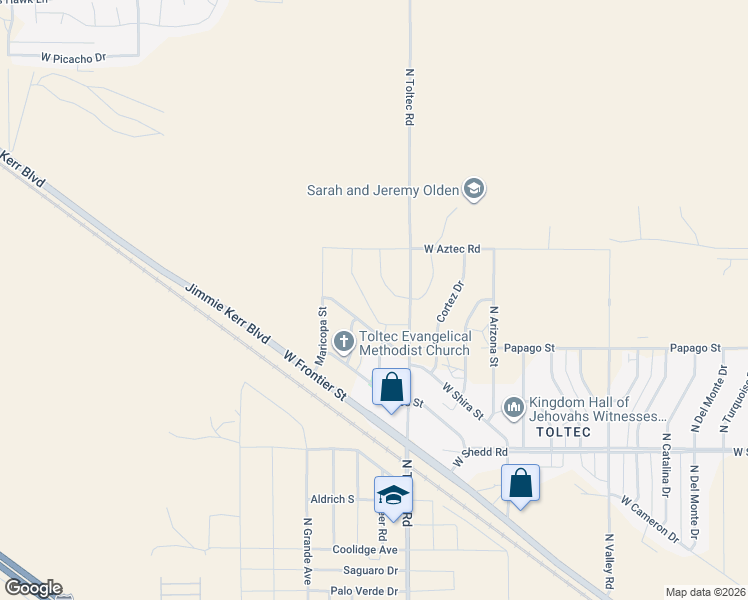 map of restaurants, bars, coffee shops, grocery stores, and more near 4020 North Montgomery Circle in Eloy