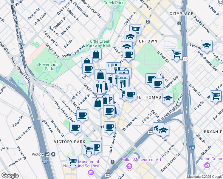 map of restaurants, bars, coffee shops, grocery stores, and more near 2727 Routh Street in Dallas