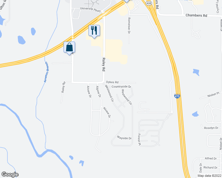 map of restaurants, bars, coffee shops, grocery stores, and more near 100 Westwood Circle in Macon