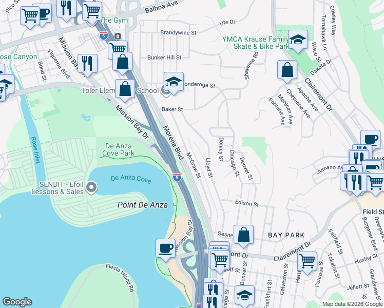 map of restaurants, bars, coffee shops, grocery stores, and more near 3183 McGraw Street in San Diego