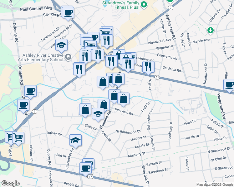 map of restaurants, bars, coffee shops, grocery stores, and more near 1032 Wappoo Road in Charleston