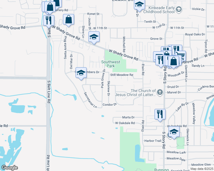 map of restaurants, bars, coffee shops, grocery stores, and more near 1535 Skyview Drive in Irving