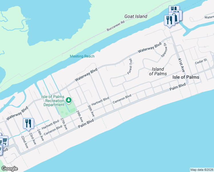 map of restaurants, bars, coffee shops, grocery stores, and more near 24 32nd Avenue in Isle of Palms