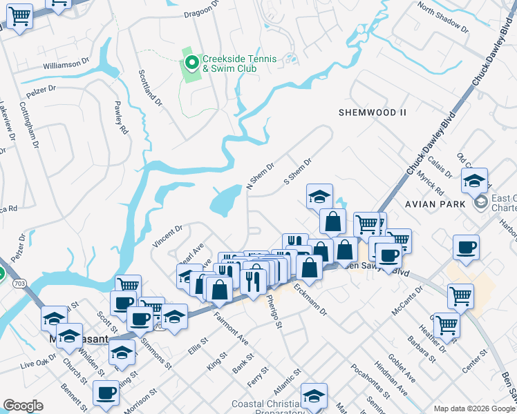 map of restaurants, bars, coffee shops, grocery stores, and more near 865 North Shem Drive in Mount Pleasant