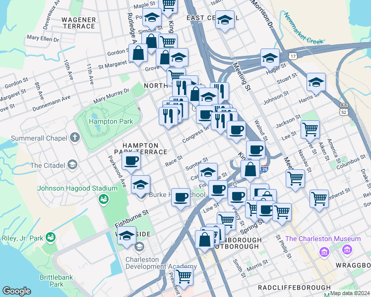 map of restaurants, bars, coffee shops, grocery stores, and more near 7 Carondolet Street in Charleston