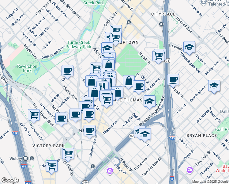 map of restaurants, bars, coffee shops, grocery stores, and more near 2521 Worthington Street in Dallas