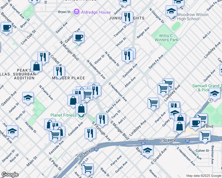 map of restaurants, bars, coffee shops, grocery stores, and more near 5221 Eastside Avenue in Dallas