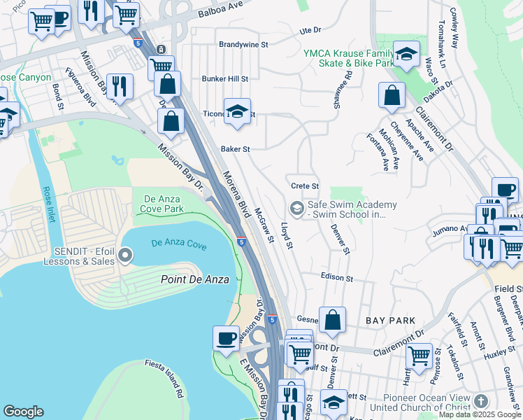 map of restaurants, bars, coffee shops, grocery stores, and more near 3183 McGraw Street in San Diego