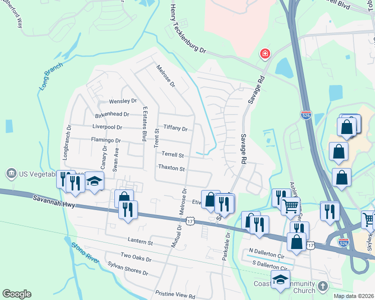 map of restaurants, bars, coffee shops, grocery stores, and more near 827 Melrose Drive in Charleston