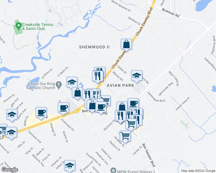 map of restaurants, bars, coffee shops, grocery stores, and more near 1206 Meadow Park Lane in Mount Pleasant