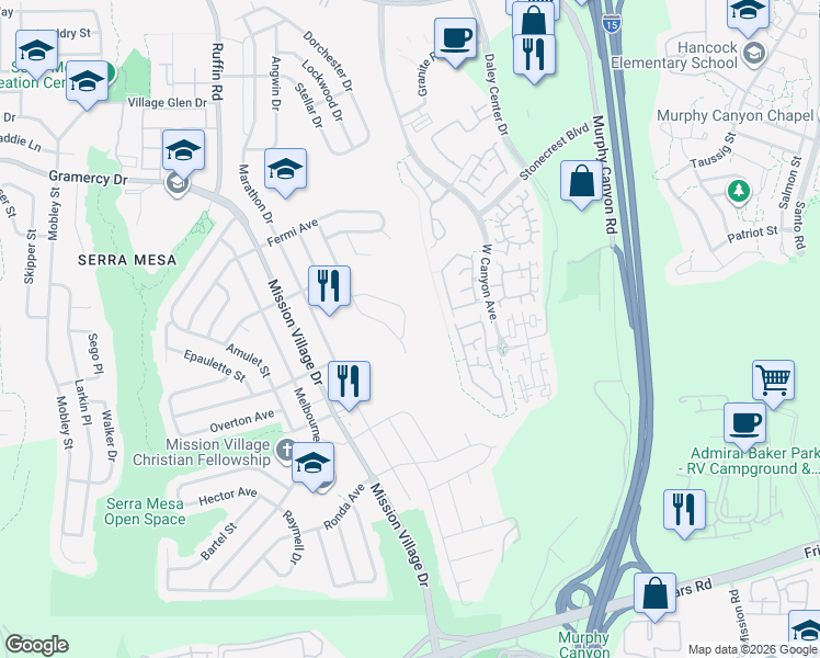 map of restaurants, bars, coffee shops, grocery stores, and more near 9552 Seltzer Court in San Diego