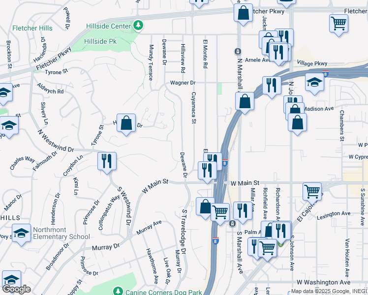 map of restaurants, bars, coffee shops, grocery stores, and more near 331 Dewane Drive in El Cajon