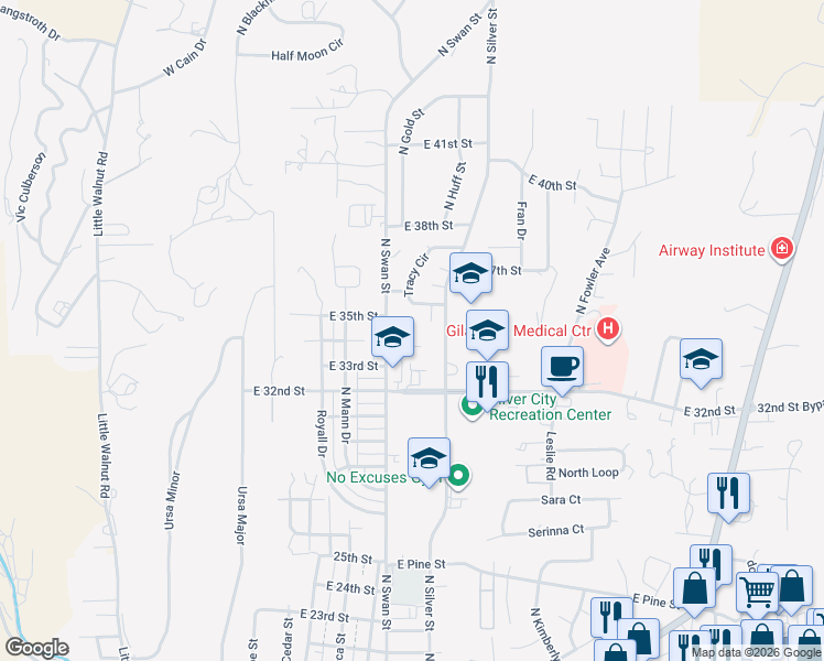 map of restaurants, bars, coffee shops, grocery stores, and more near 617 E 34th St in Silver City