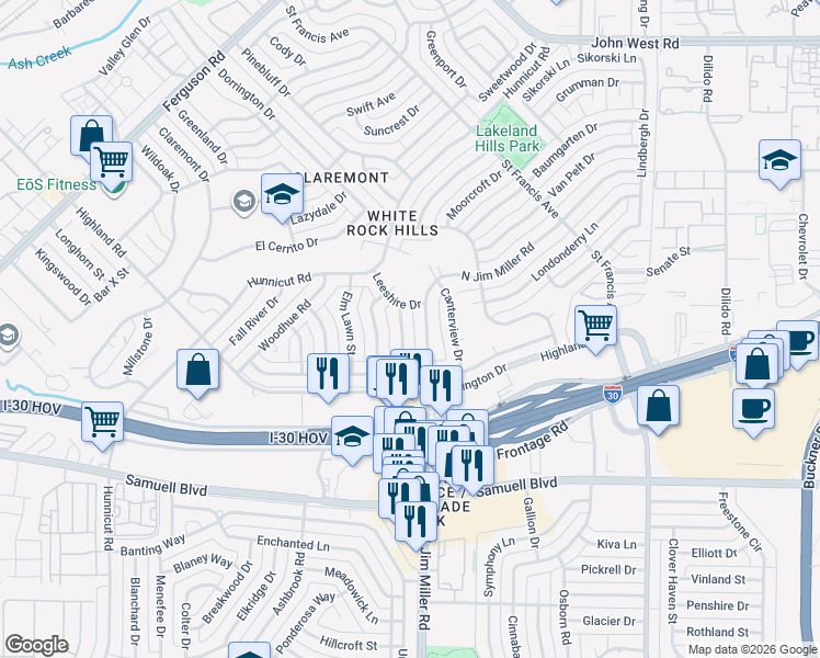 map of restaurants, bars, coffee shops, grocery stores, and more near 5834 Clendenin Avenue in Dallas