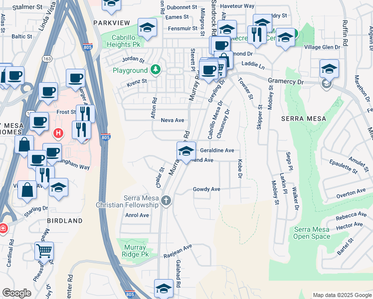 map of restaurants, bars, coffee shops, grocery stores, and more near 2917 Murray Ridge Road in San Diego