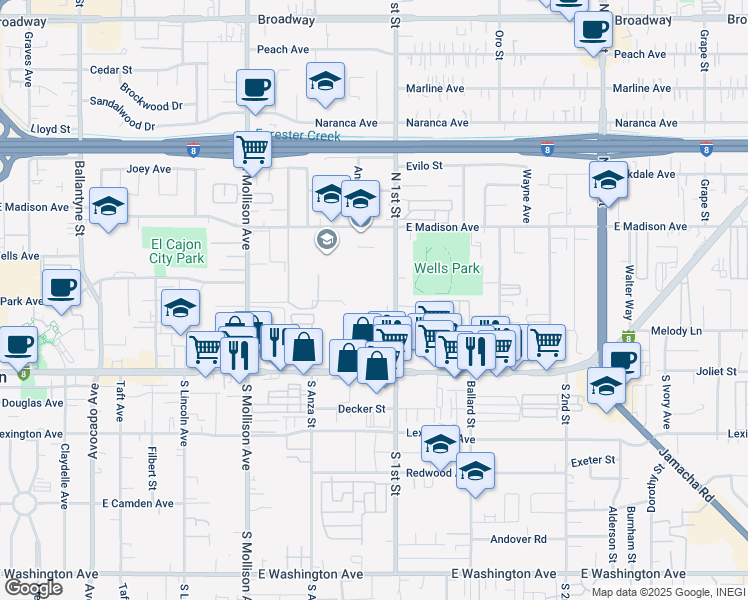 map of restaurants, bars, coffee shops, grocery stores, and more near 304 North 1st Street in El Cajon
