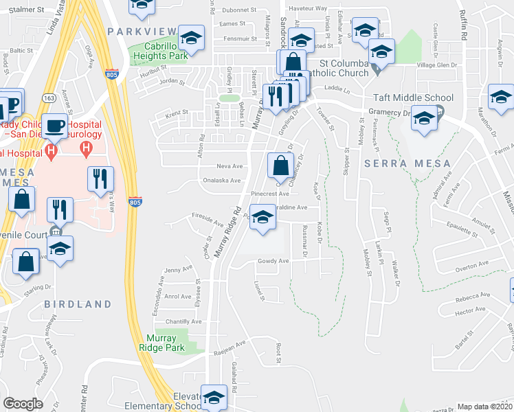 map of restaurants, bars, coffee shops, grocery stores, and more near Greyling Drive & Geraldine Avenue in San Diego