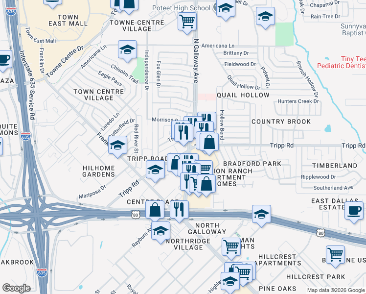 map of restaurants, bars, coffee shops, grocery stores, and more near 2399 North Galloway Avenue in Mesquite