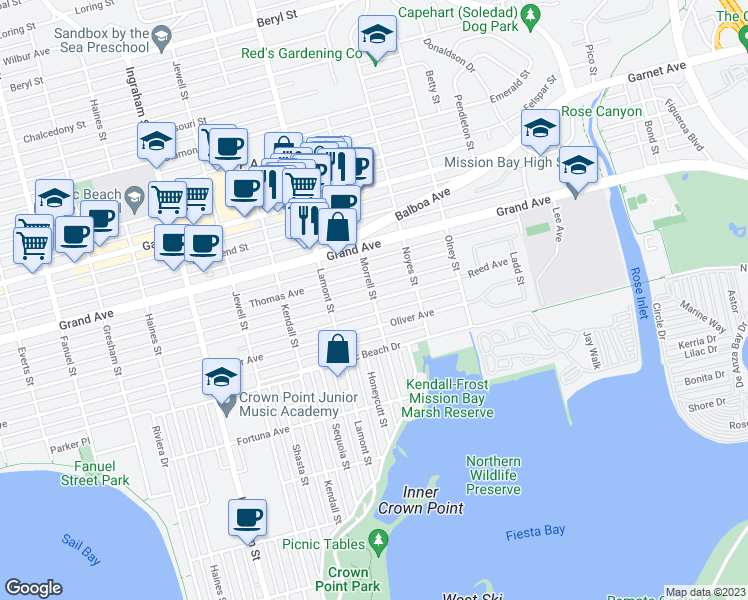 map of restaurants, bars, coffee shops, grocery stores, and more near Reed Avenue & Morrell Street in San Diego