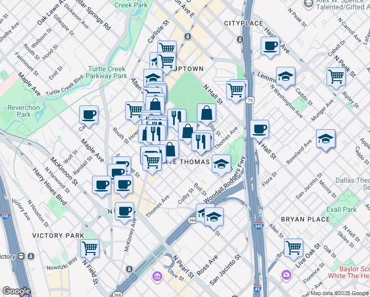 map of restaurants, bars, coffee shops, grocery stores, and more near 2427 Allen Street in Dallas