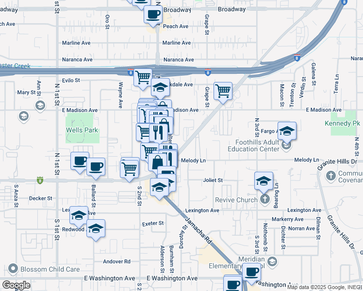 map of restaurants, bars, coffee shops, grocery stores, and more near 1338 East Main Street in El Cajon