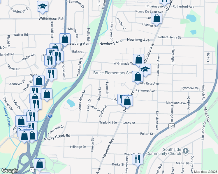 map of restaurants, bars, coffee shops, grocery stores, and more near 3846 Lyons Street in Macon