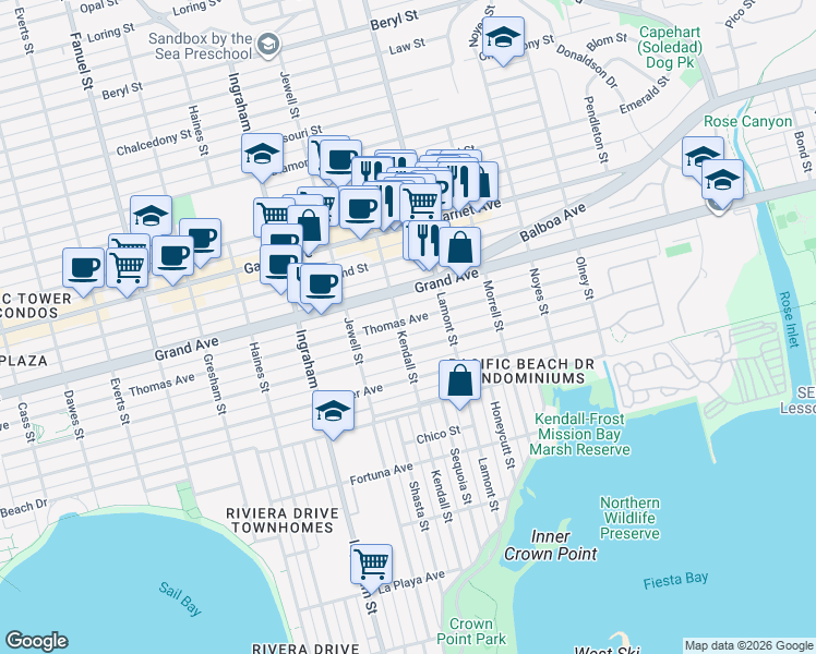 map of restaurants, bars, coffee shops, grocery stores, and more near 1805 Thomas Avenue in San Diego