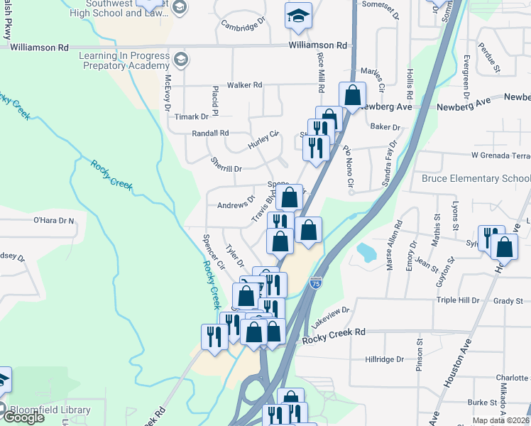 map of restaurants, bars, coffee shops, grocery stores, and more near 3766 Travis Boulevard in Macon