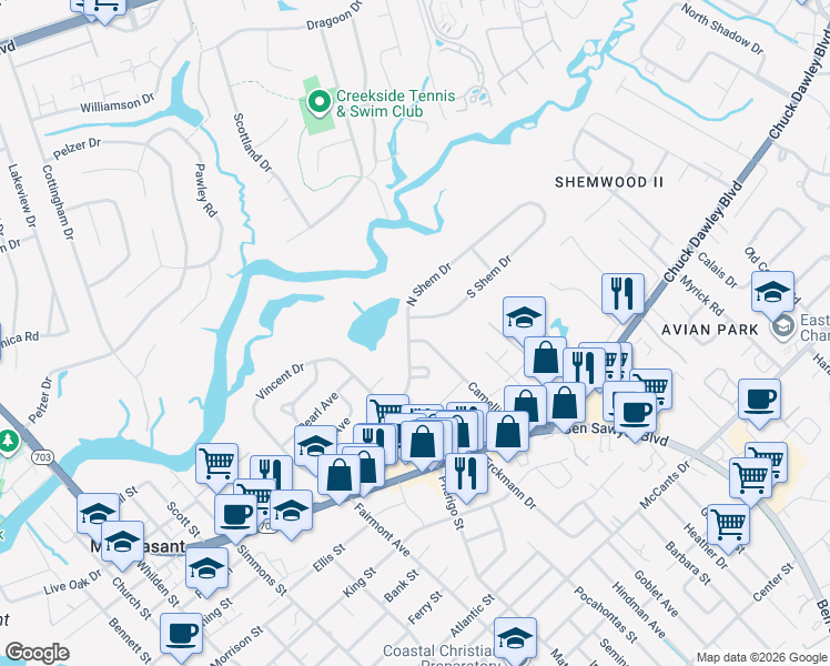 map of restaurants, bars, coffee shops, grocery stores, and more near 865 North Shem Drive in Mount Pleasant