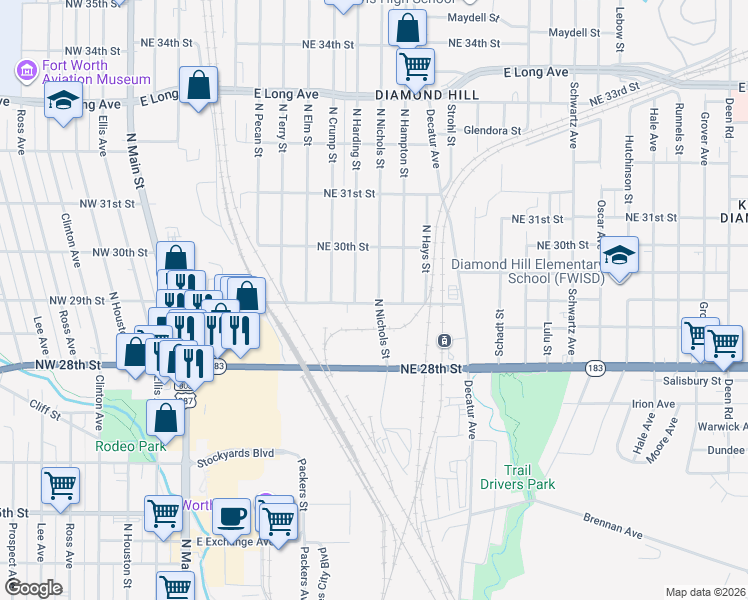 map of restaurants, bars, coffee shops, grocery stores, and more near 3001 North Nichols Street in Fort Worth