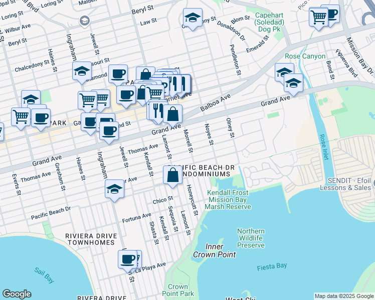 map of restaurants, bars, coffee shops, grocery stores, and more near 1972 Reed Avenue in San Diego